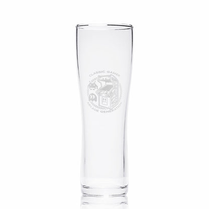 Arcade gamer pint glass featuring classic game design, shown on a white background to display the full glass shape.