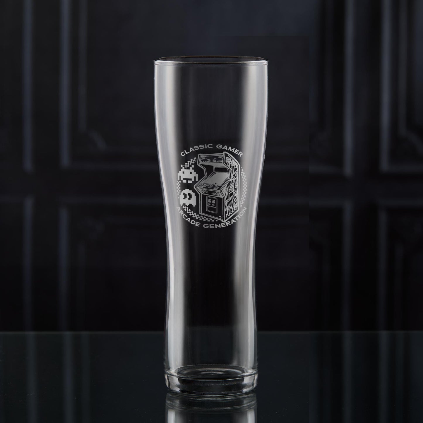 Pac man and space invaders engraved pint glass with classic arcade game