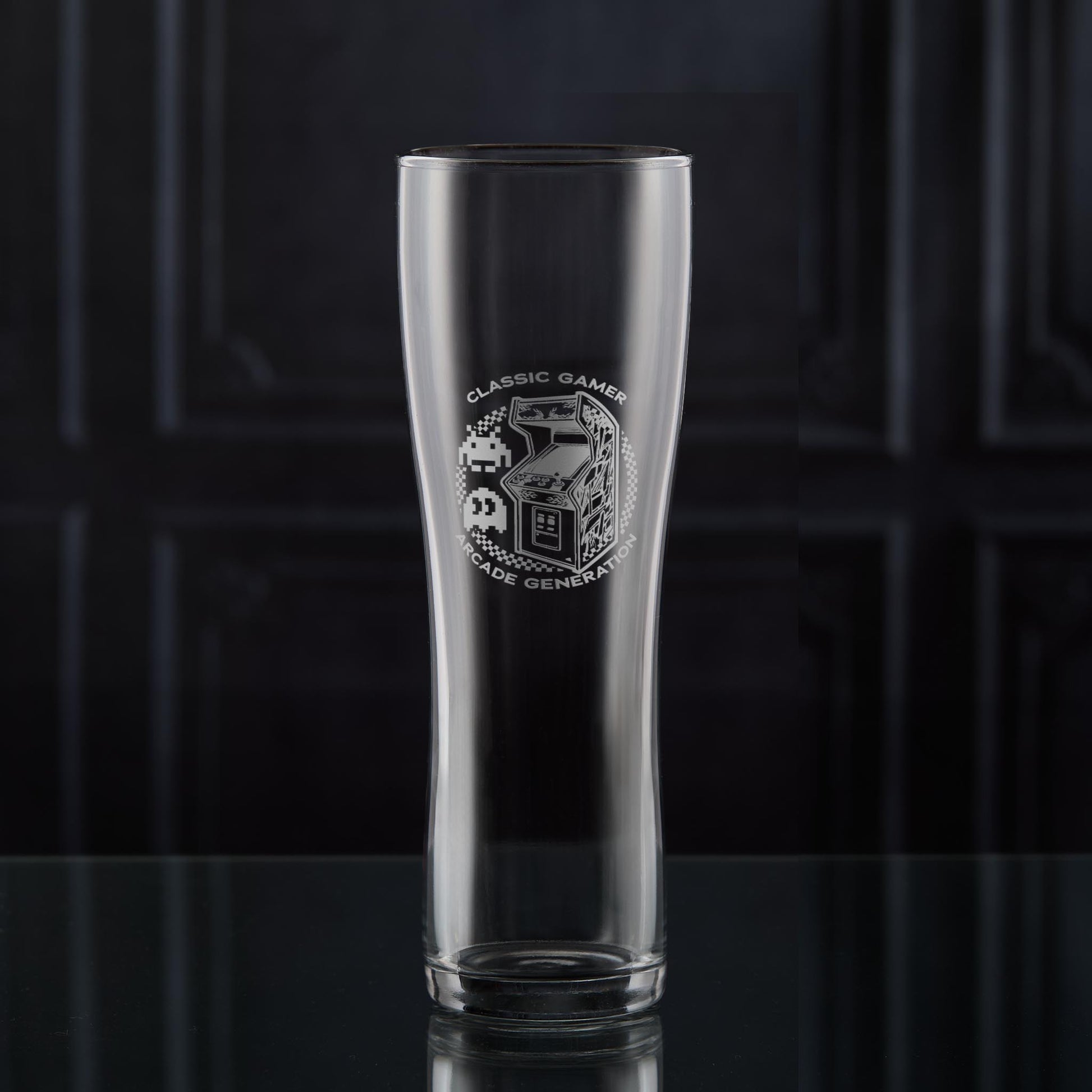 Pac man and space invaders engraved pint glass with classic arcade game