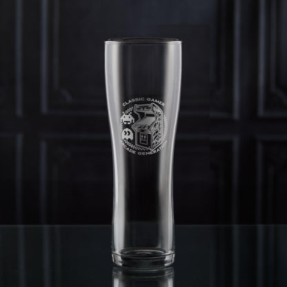 Pac man and space invaders engraved pint glass with classic arcade game