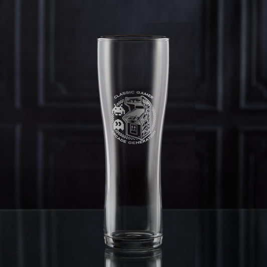 Pac man and space invaders engraved pint glass with classic arcade game