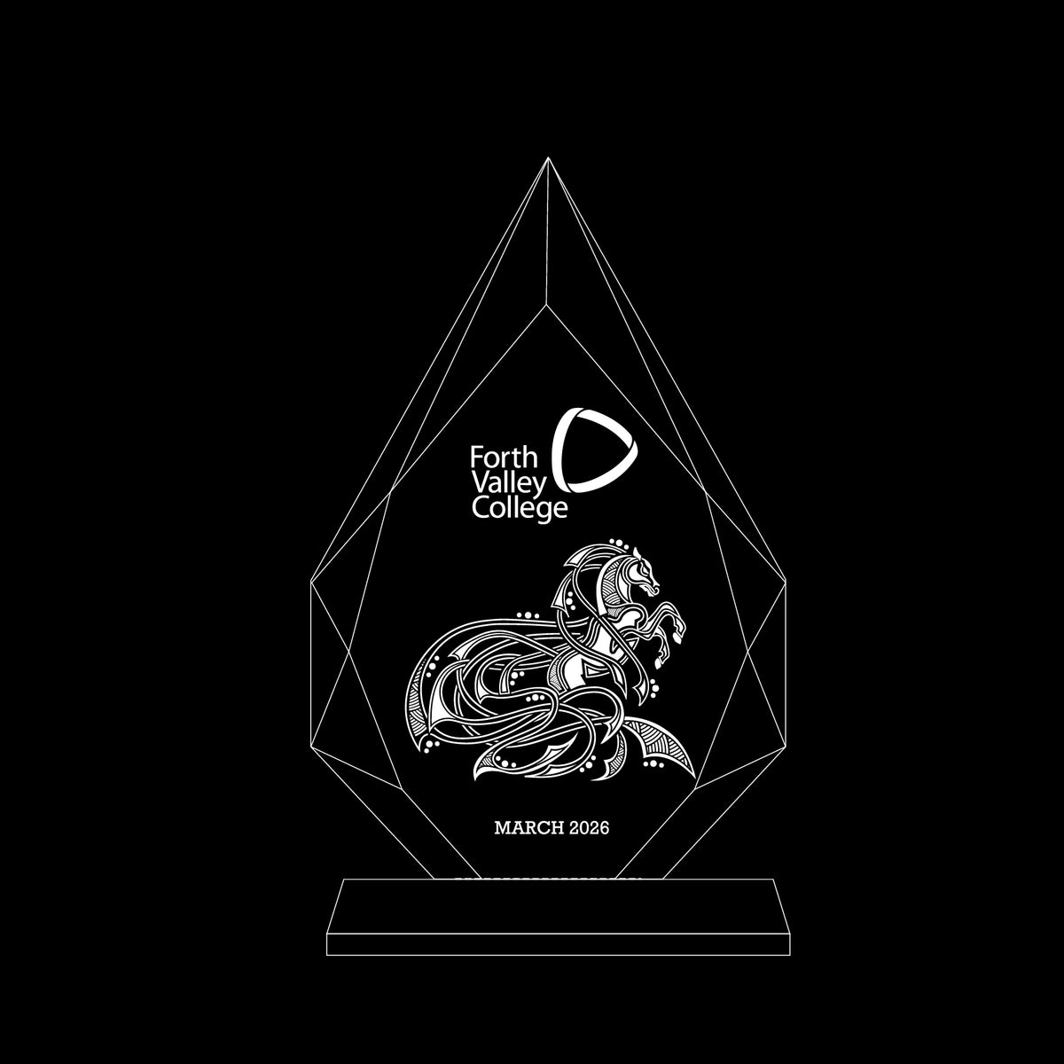 Glass award with engraved design and 'Forth Valley College' logo on a black background