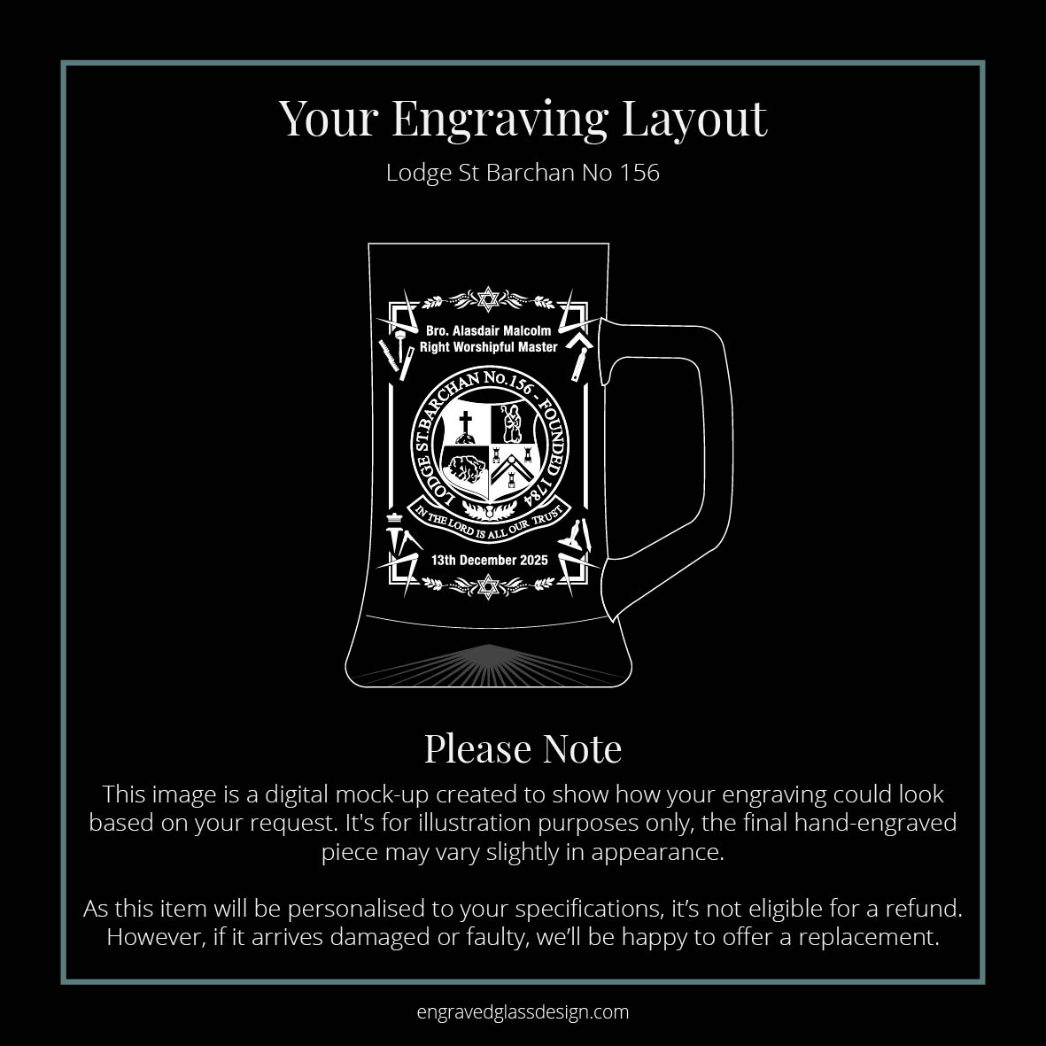 Digital mock-up of a St Barchan Lodge Masonic engraving layout for a tankard.