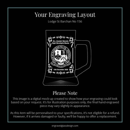 Digital mock-up of a St Barchan Lodge Masonic engraving layout for a tankard.