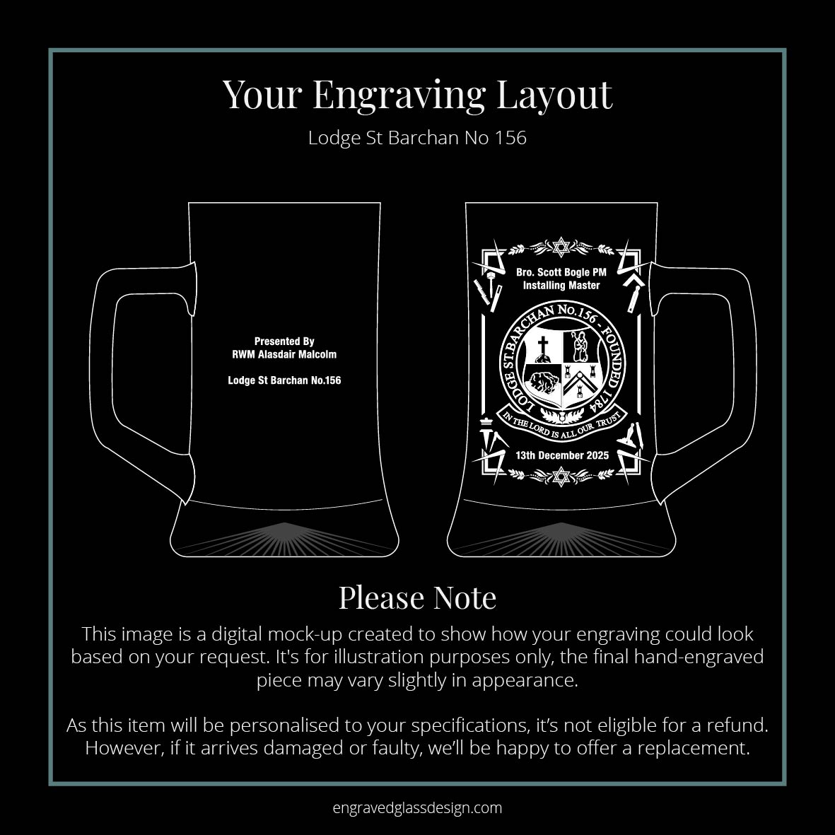 Digital mock-up of a St Barchan Lodge Masonic tankard showing crest and personalised layout.