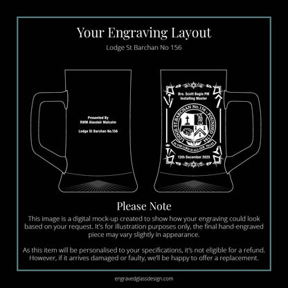 Digital mock-up of a St Barchan Lodge Masonic tankard showing crest and personalised layout.
