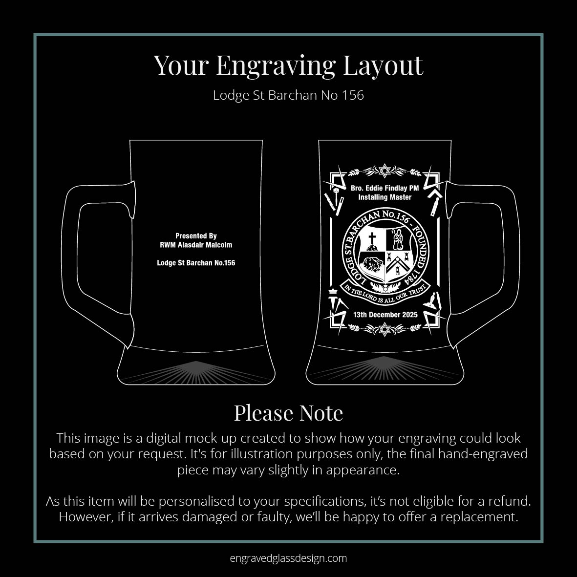 Digital mock-up of the St Barchan Lodge crest prepared for engraving on a glass tankard.