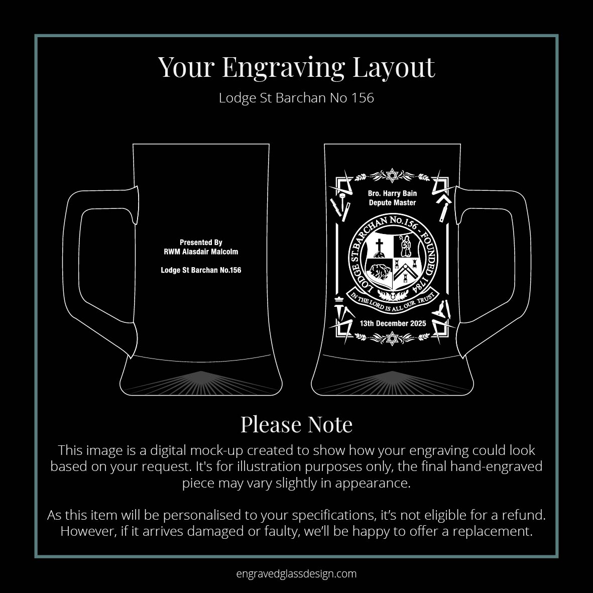 Digital mock-up of St Barchan Lodge Masonic tankard engraving layout.
