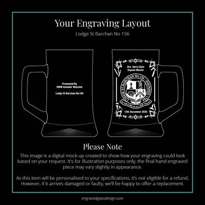 Digital mock-up of St Barchan Lodge Masonic tankard engraving layout.