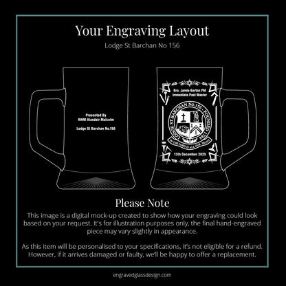 Digital mock-up of a St Barchan Lodge Masonic mug with engraving layout.