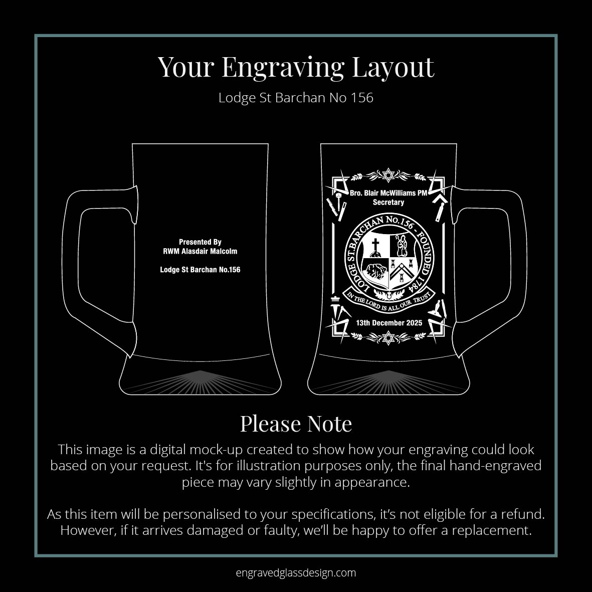 Glass tankard engraving mock-up showing St Barchan Lodge Masonic crest layout.