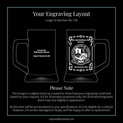 Glass tankard engraving mock-up showing St Barchan Lodge Masonic crest layout.