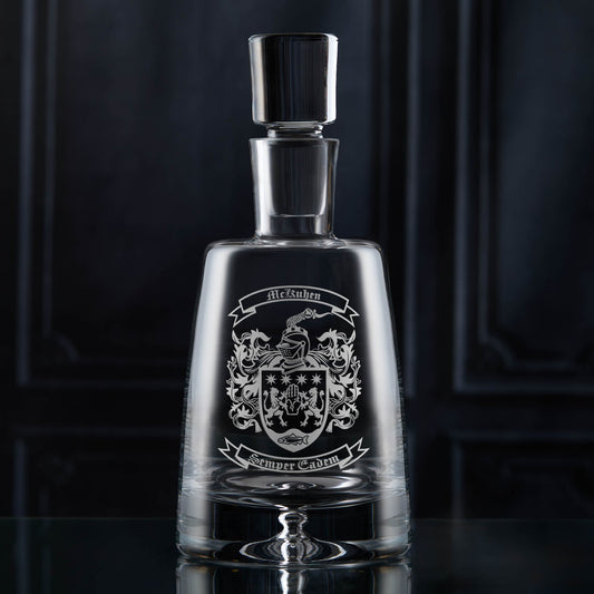 Hand-engraved family crest on Atelier spirit decanter - McKuhen coat of arms in satin sandblasted finish