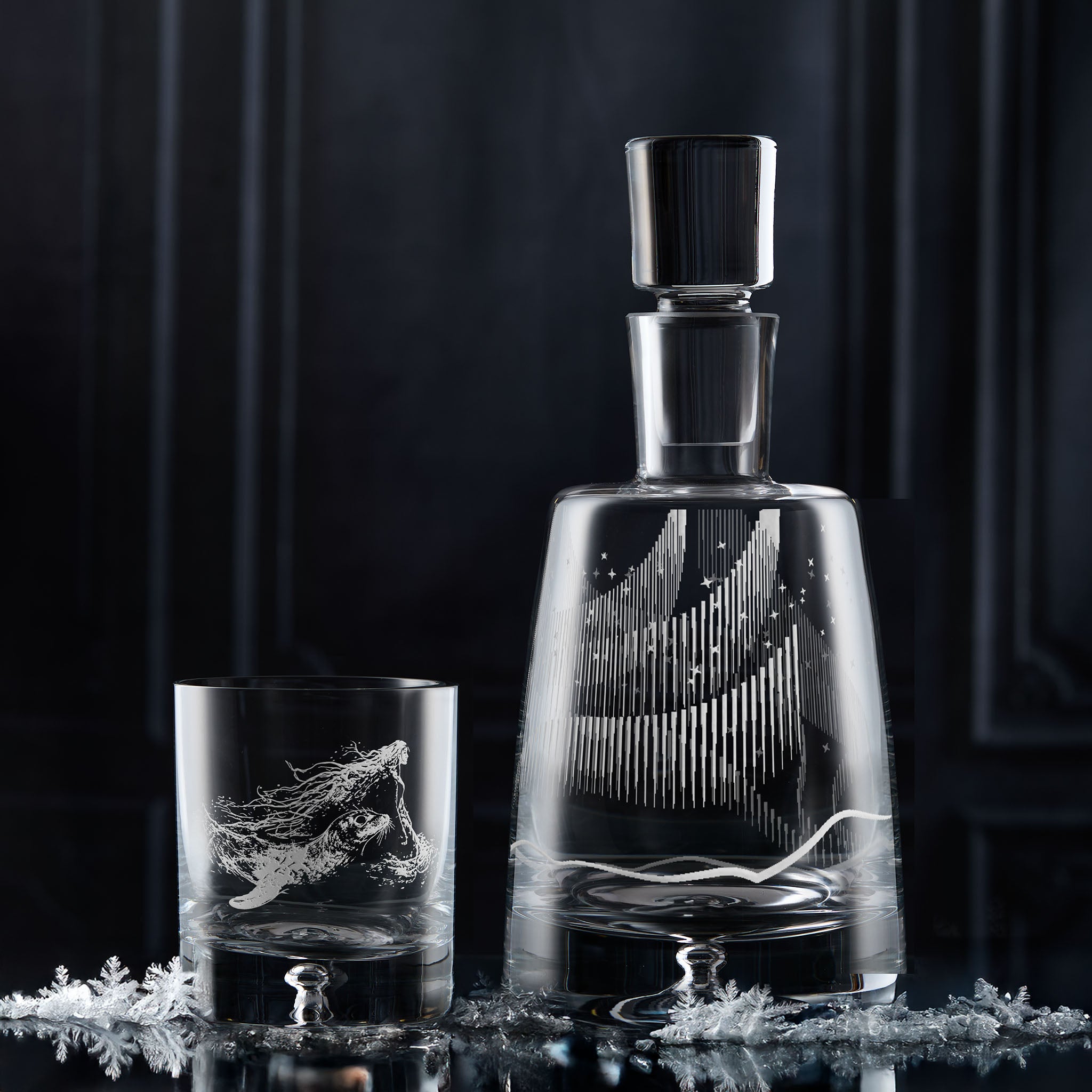 Aurora Borealis decanter and Selkie engraved whisky glass featuring Scottish folklore designs.