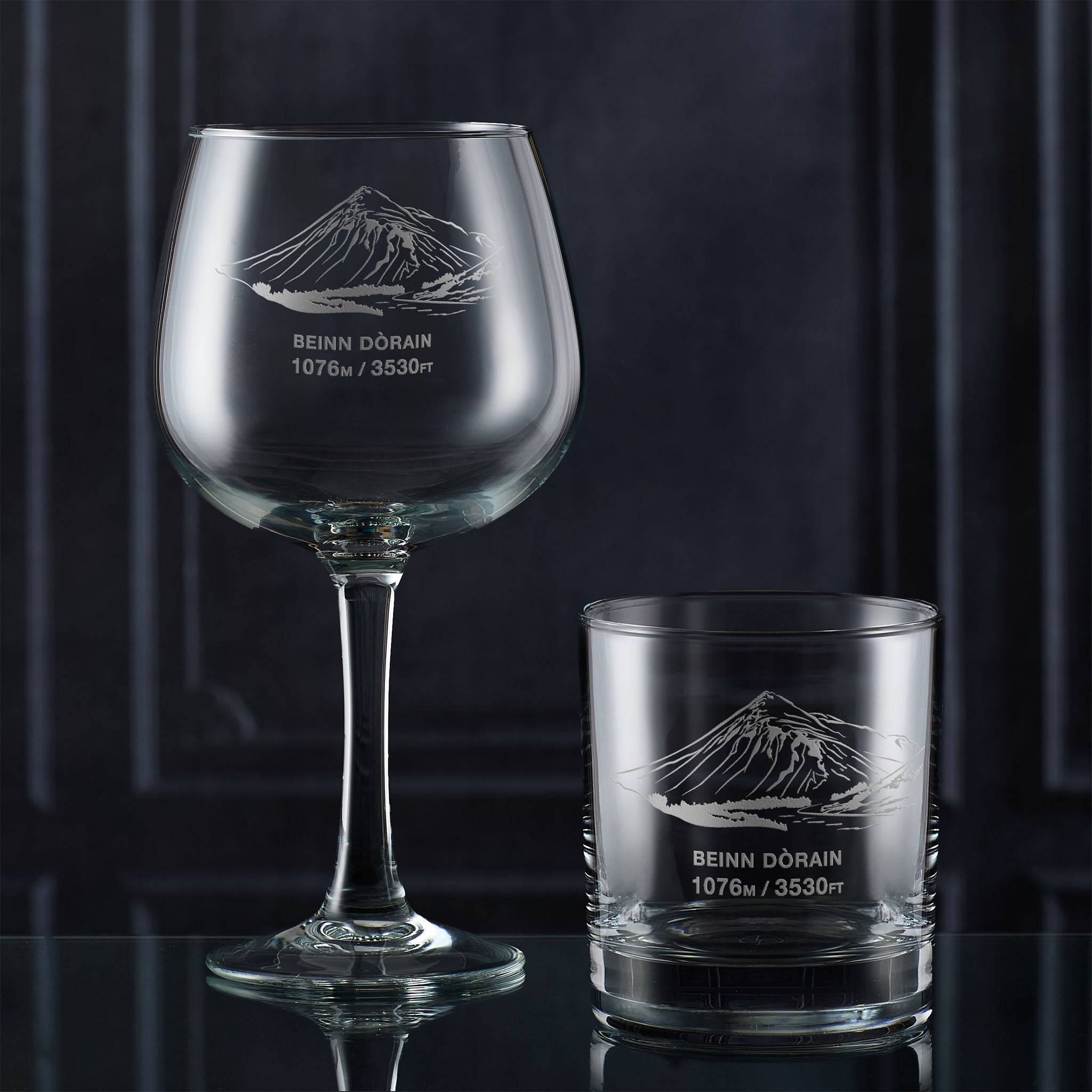 Beinn Dorain engraved copa gin glass and matching whisky tumbler.