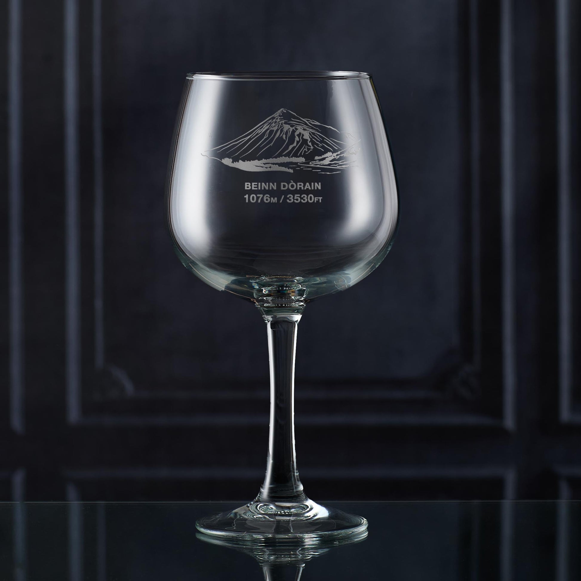 Engraved gin glass etched with the mountain Beinn Dorain, a Scottish Munro