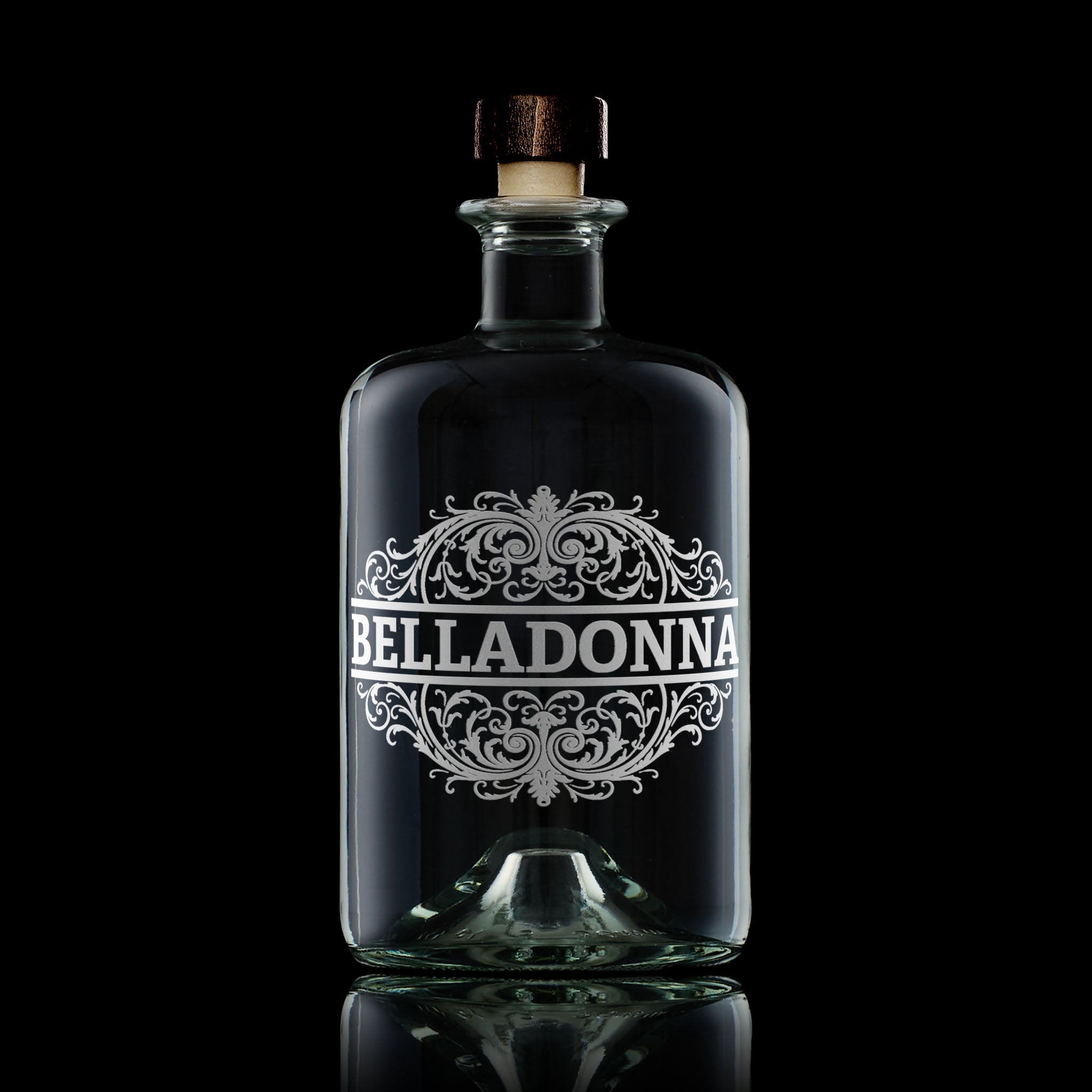 Belladonna engraved apothecary-style decanter with vintage poison label design