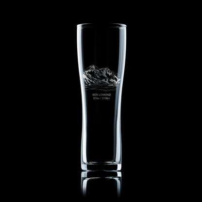 tall pint glass engraved with the Scottish mountain Ben Lomond