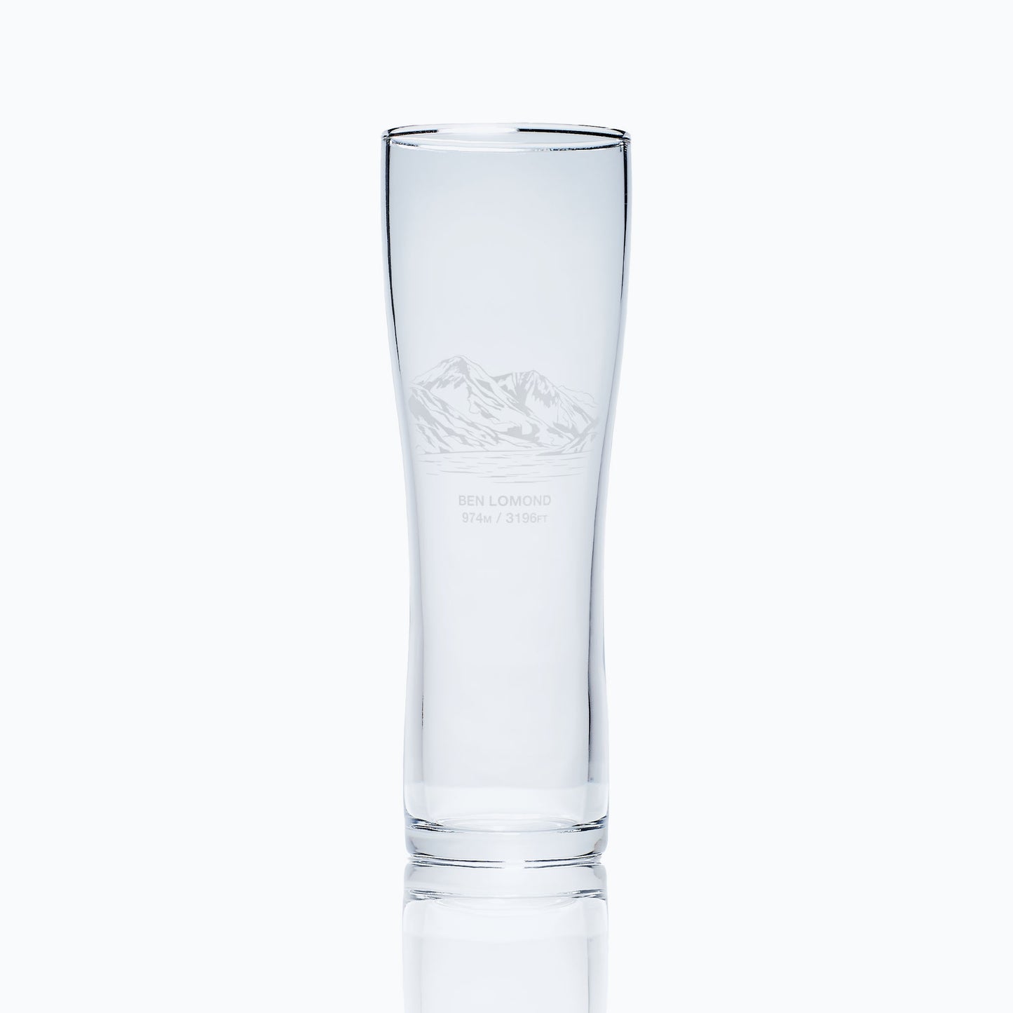 tall pint glass engraved with the Scottish mountain Ben Lomond