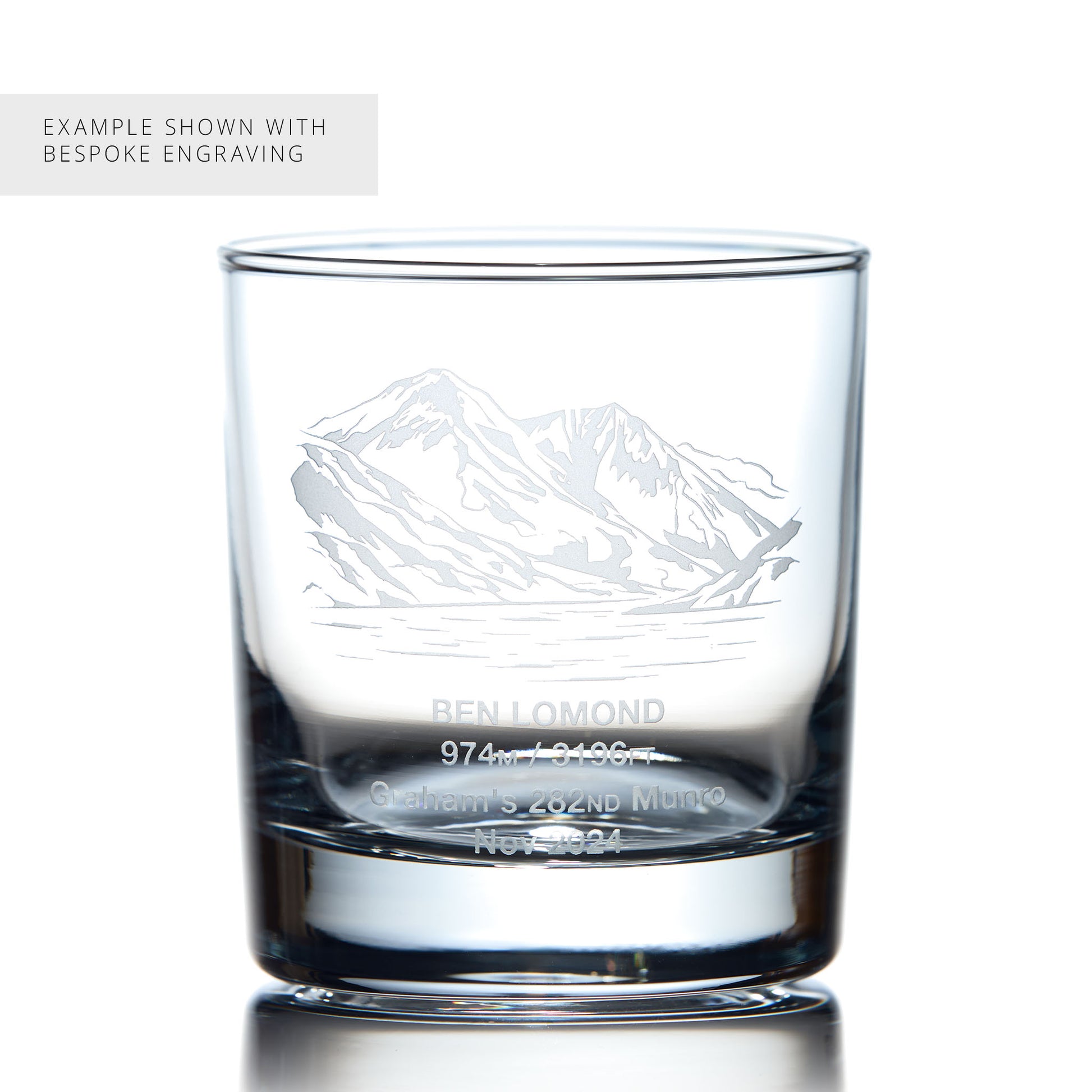 Personalised whisky glass engraved with Scottish Munro Ben Lomond