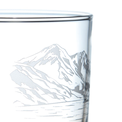 Close-up detail of whisky glass engraved with Ben Lomond