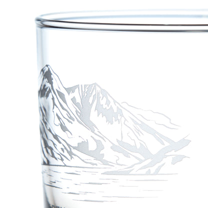 Close-up engraving detail of Ben Lomond on a whisky glass