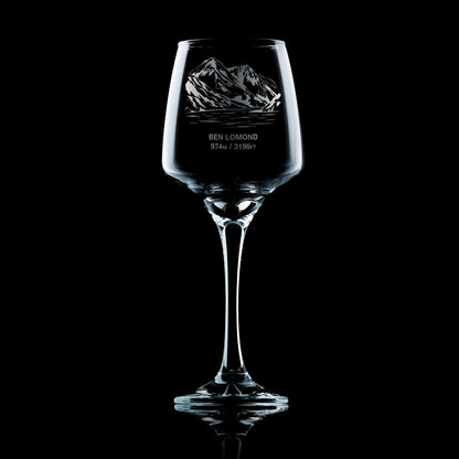 Stemmed wine glass engraved with the Scottish Mountain Ben Lomond