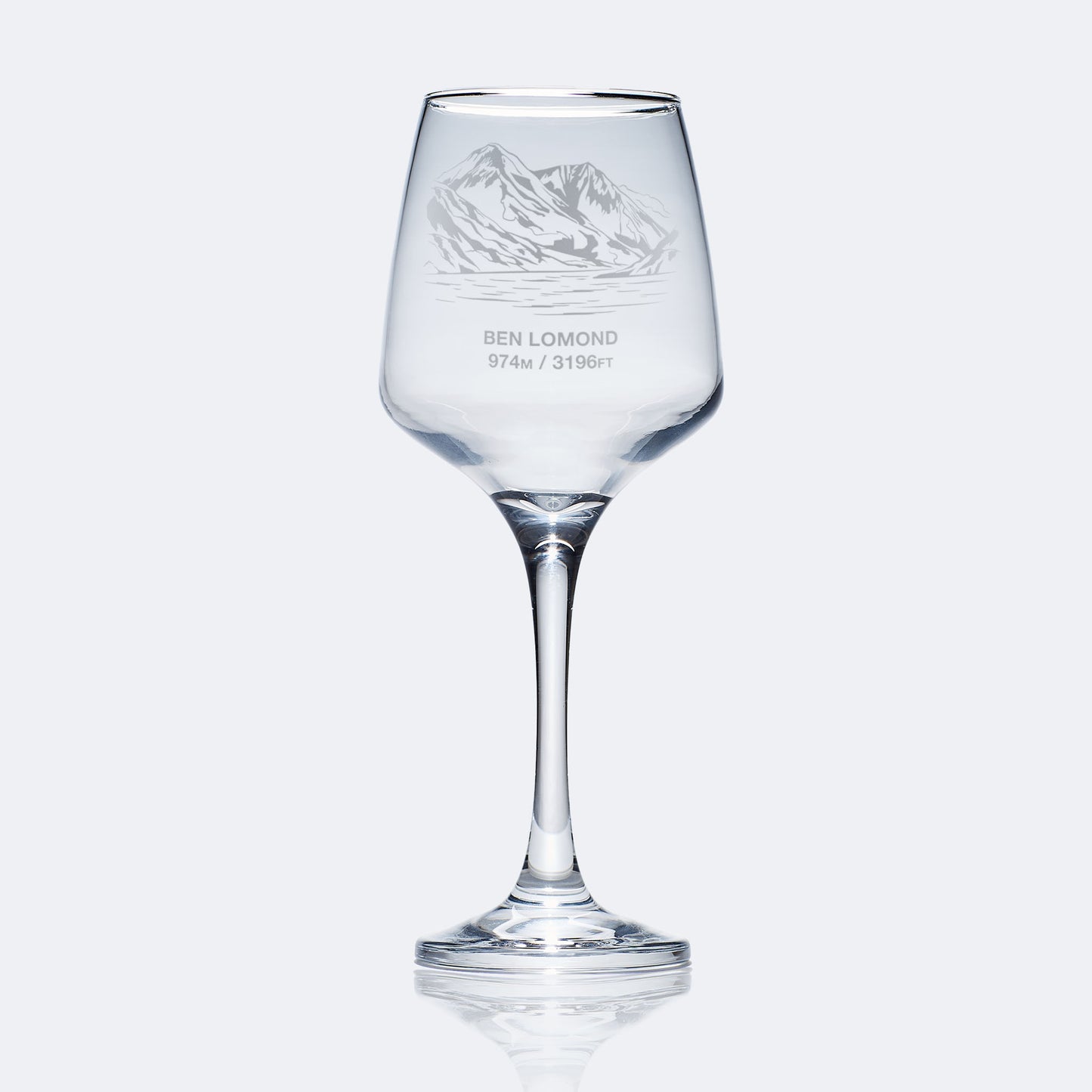 Stemmed wine glass engraved with the Scottish Mountain Ben Lomond