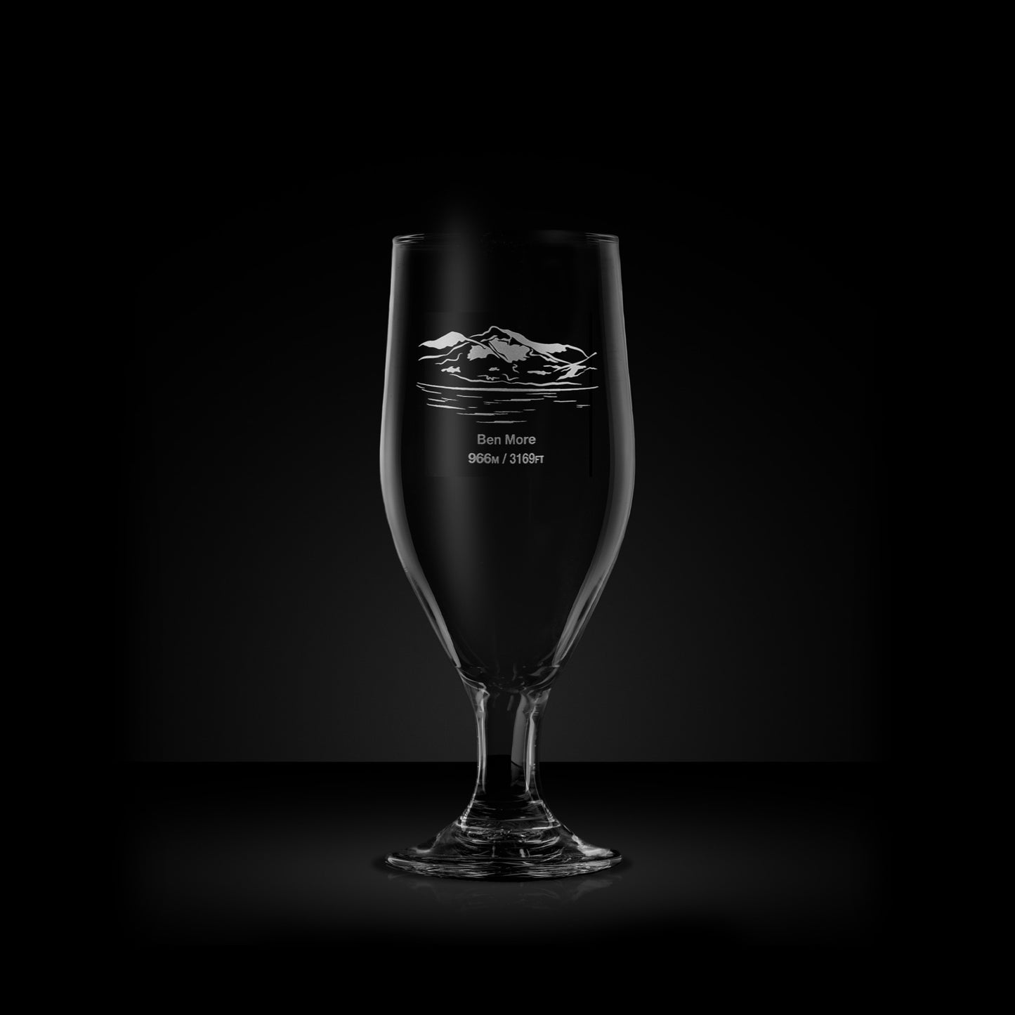 mountain stemmed beer glass engraved with ben More on the isle of mull