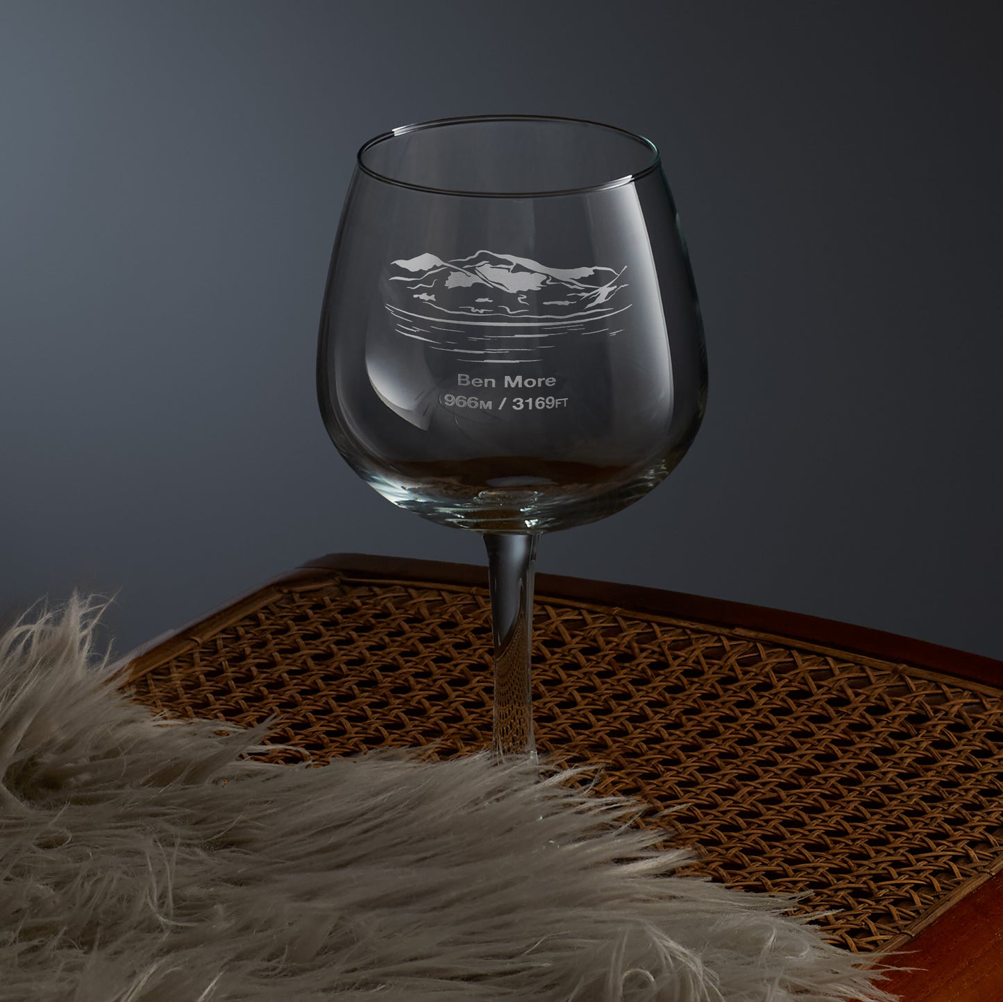 mountain gin glass engraved with ben More on the isle of mull