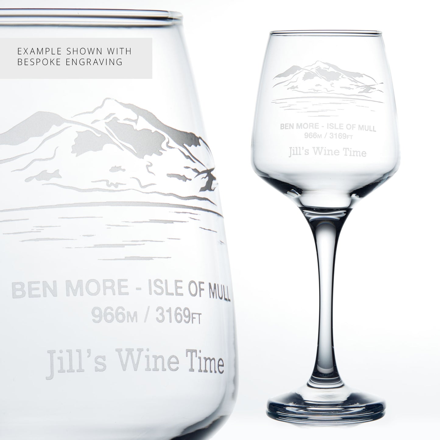 Personalised Ben More Wine Glass showing close-up engraving details