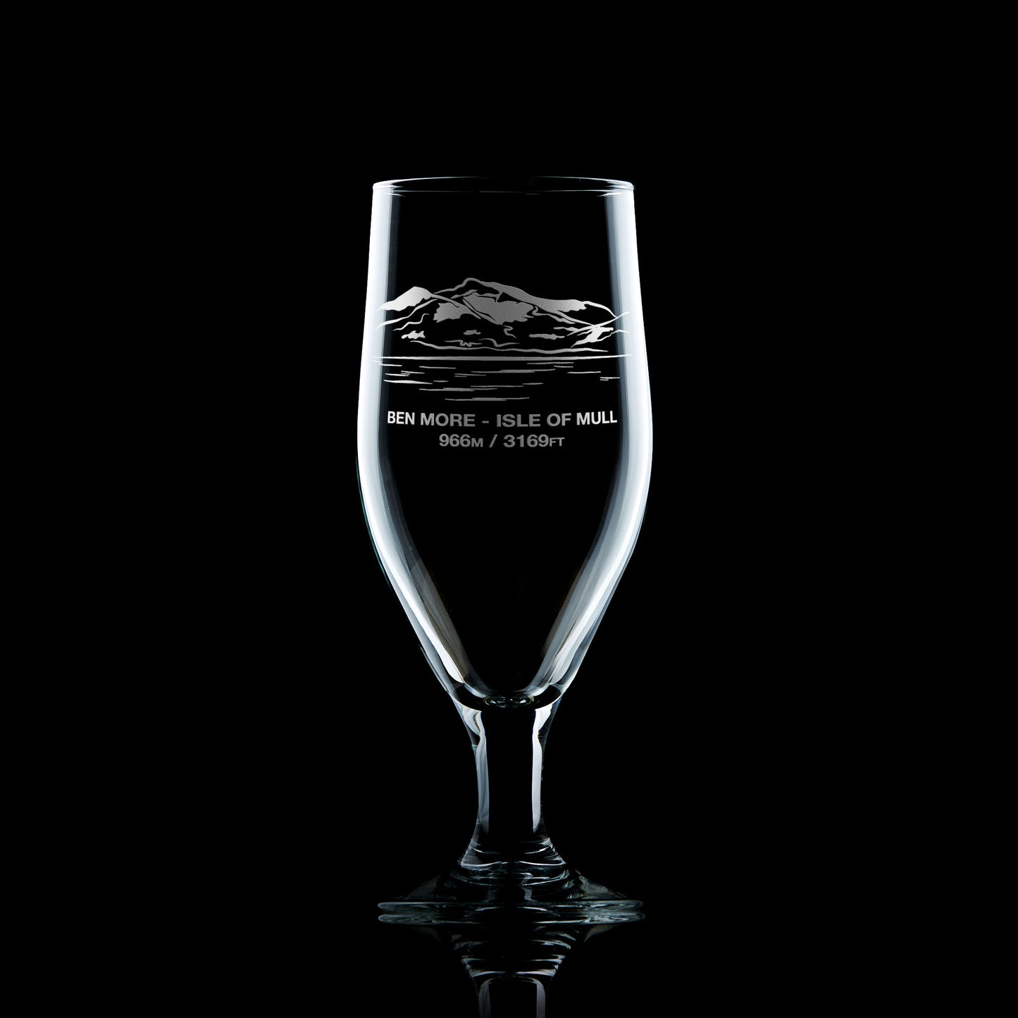 stemmed beer glass engraved with the scottish mountain Ben More on the Isle of Mull