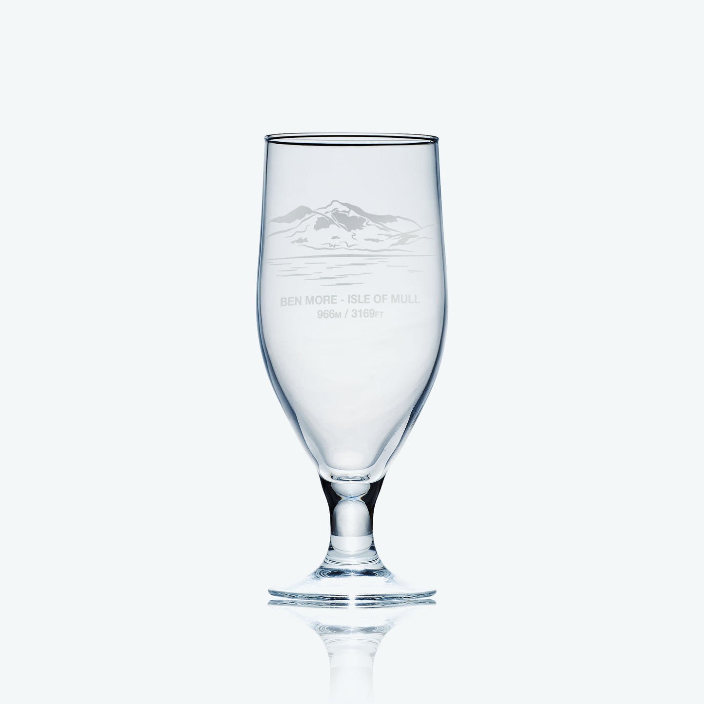 stemmed beer glass engraved with the scottish mountain Ben More on the Isle of Mull