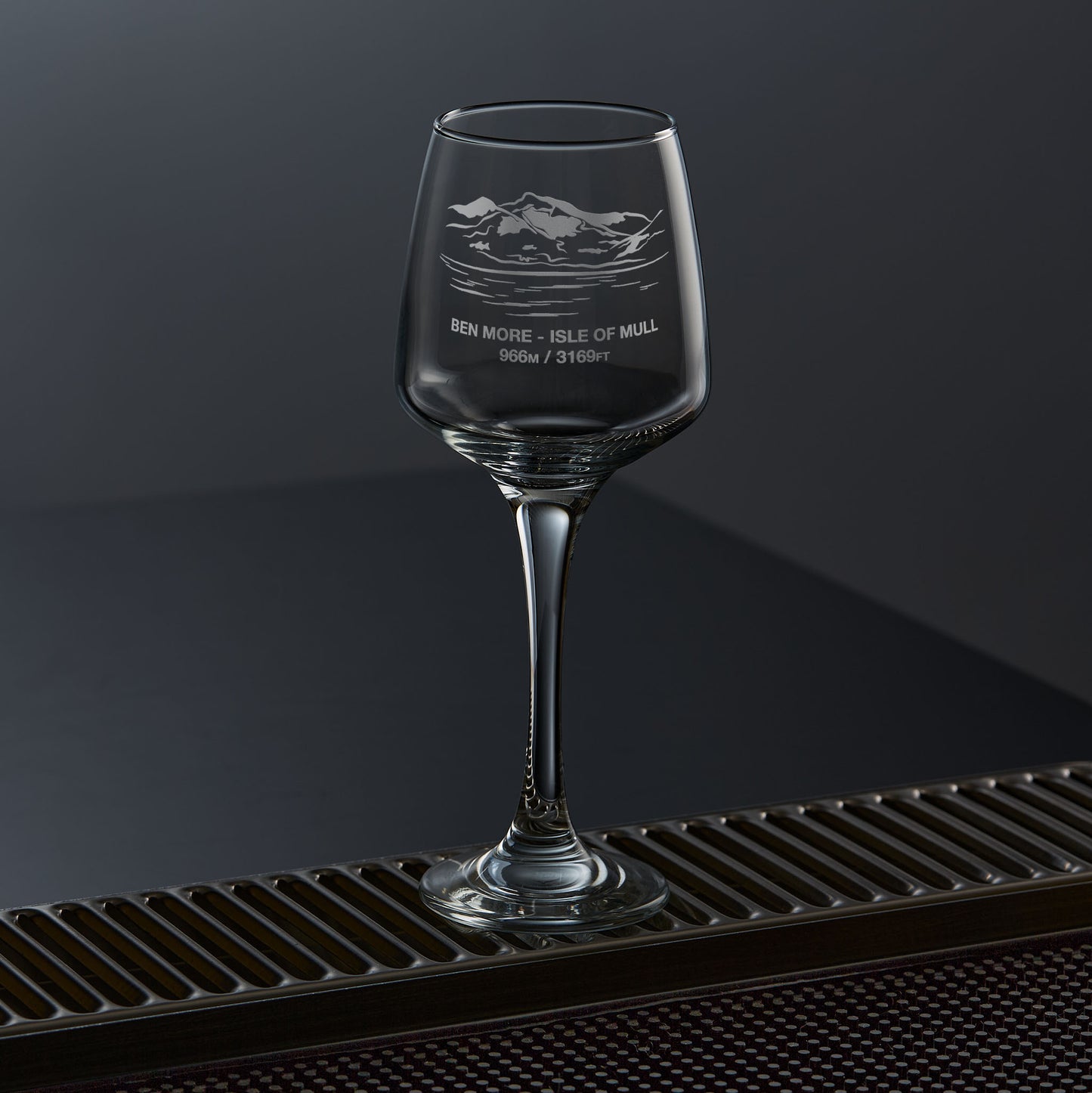 Stemmed wine glass engraved with the scottish munro mountain Ben More