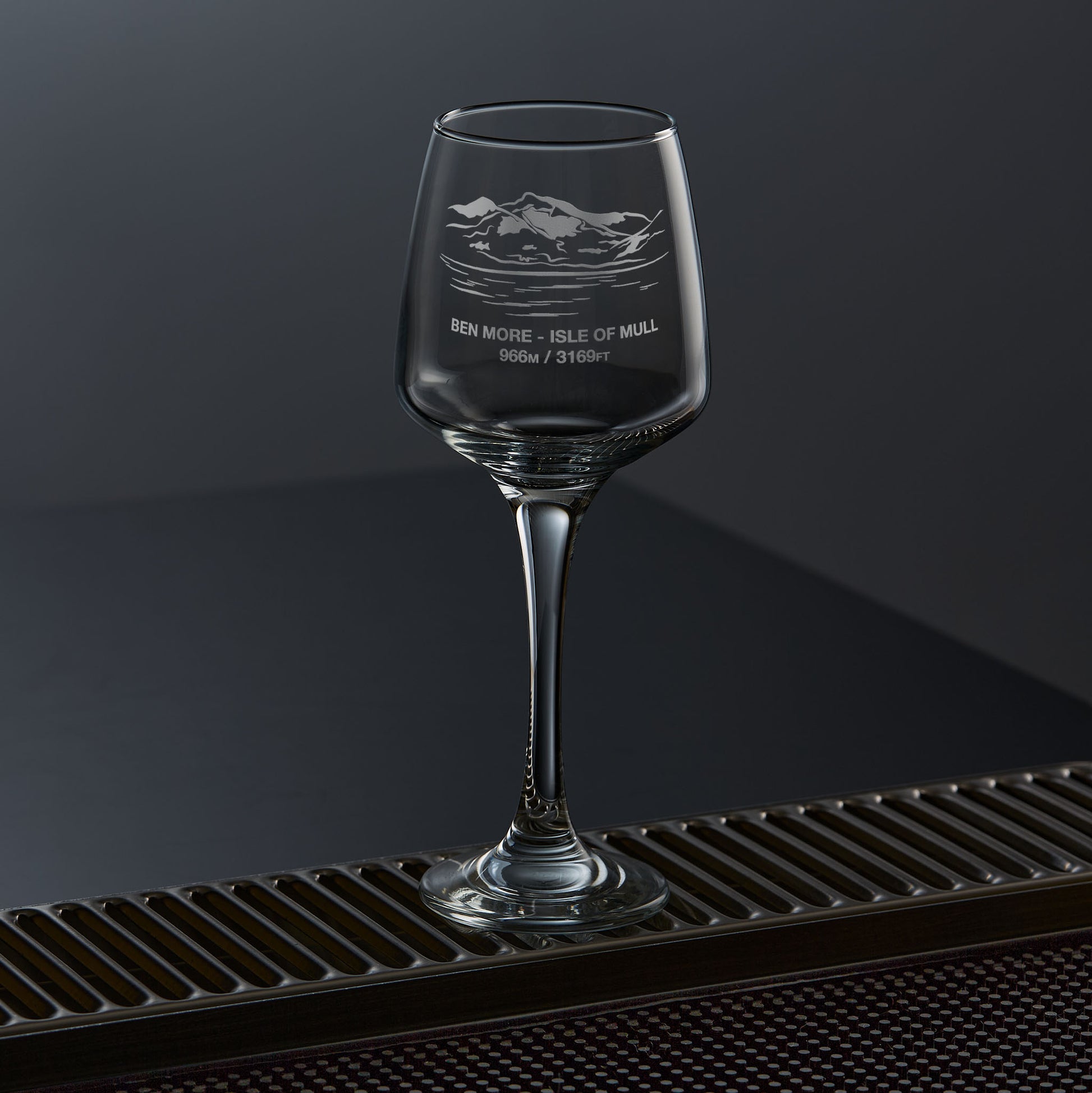 Stemmed wine glass engraved with the scottish munro mountain Ben More