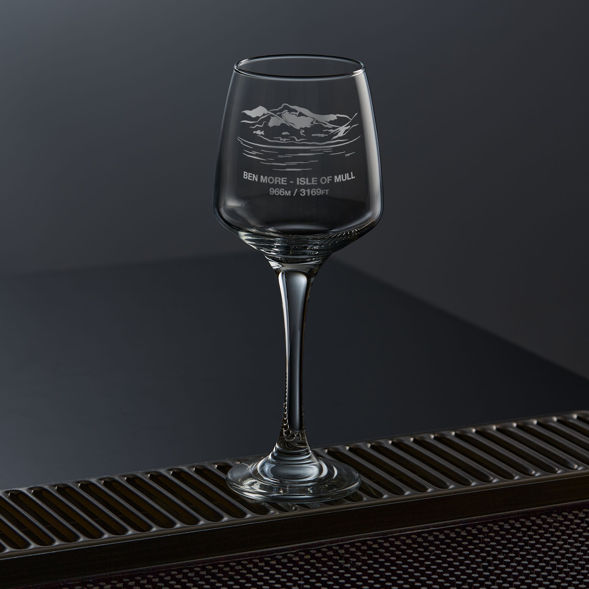 Stemmed wine glass engraved with the scottish munro mountain Ben More