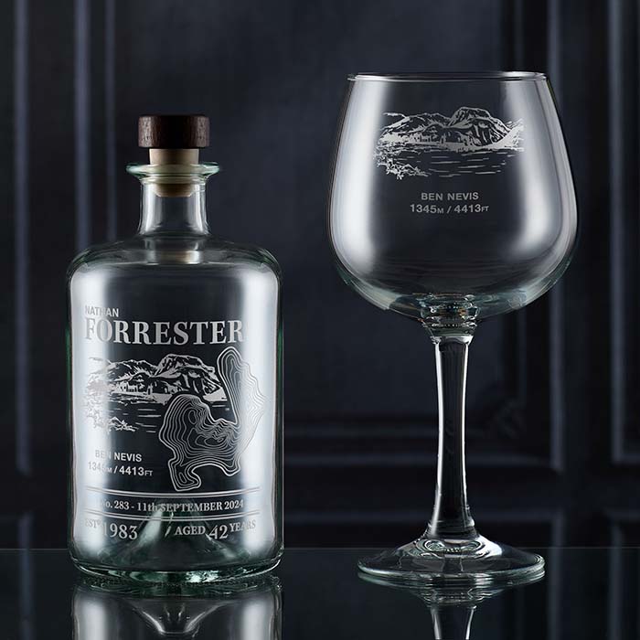 engraved decanter and gin glass with Ben Nevis mountain design