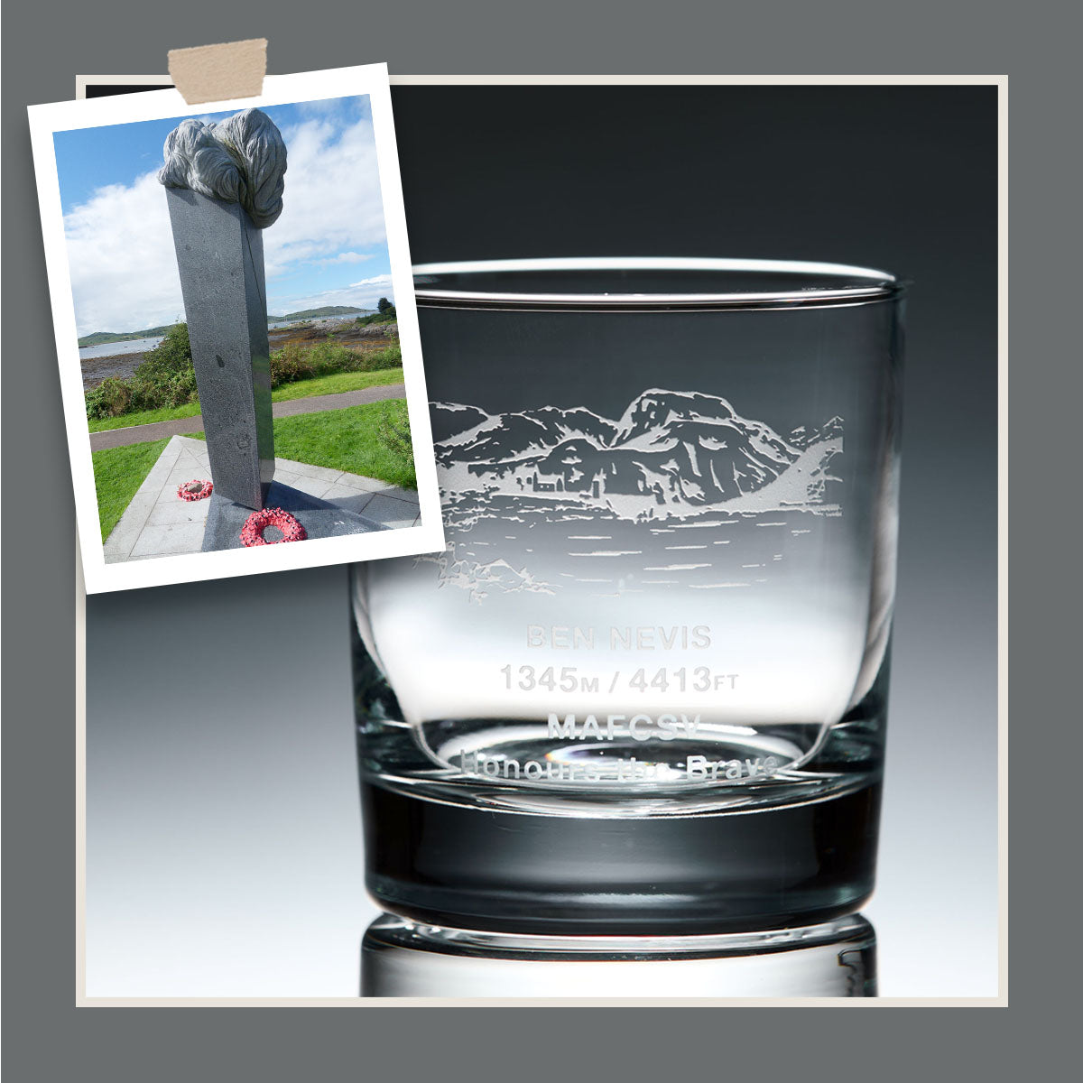 Whisky glass engraved with Ben Nevis and the Arisaig Monument, photographed on a white background