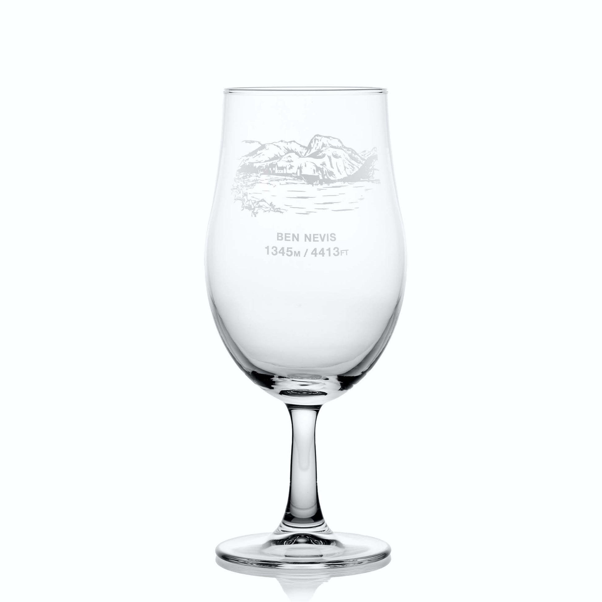 Large stemmed beer glass engraved with Ben Nevis, photographed on a white background