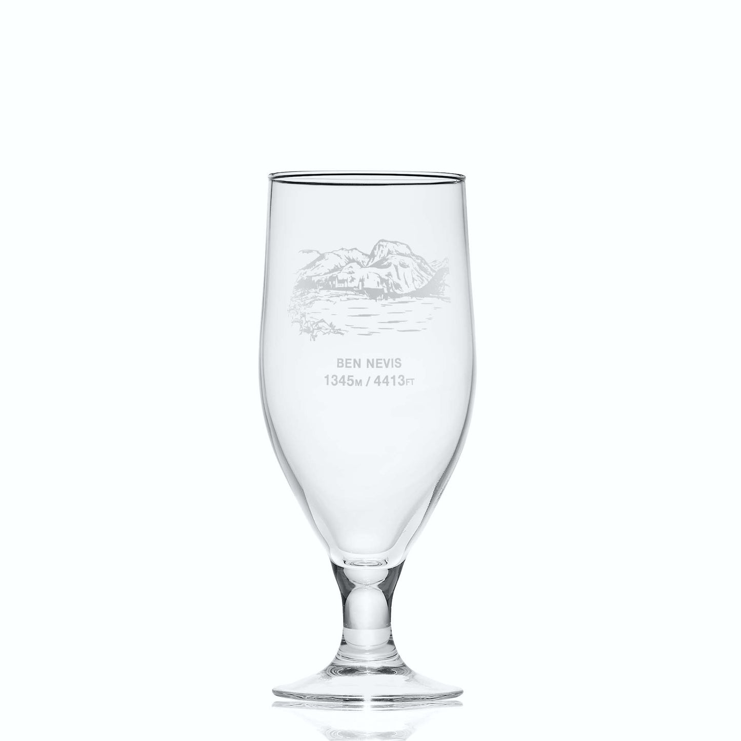 Small stemmed beer glass engraved with Ben Nevis, photographed on a white background