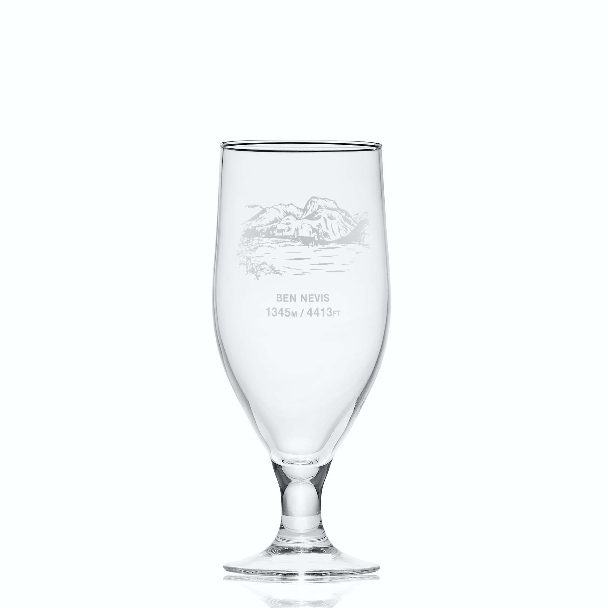 Small stemmed beer glass engraved with Ben Nevis, photographed on a white background