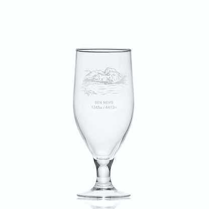 Small stemmed beer glass engraved with Ben Nevis, photographed on a white background