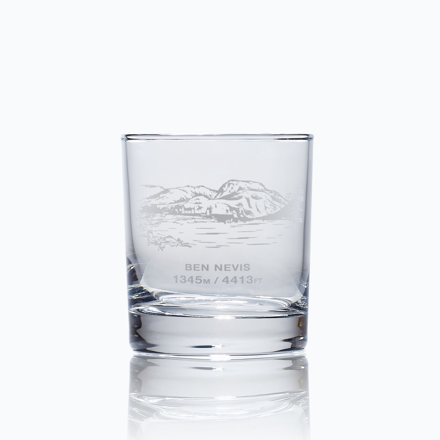 Whiskey glass engraved with the Scottish mountain Ben Nevis