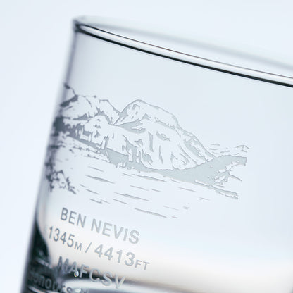 close-up detail of a whisky glass sandblast engraved with the Scottish mountain Ben Nevis