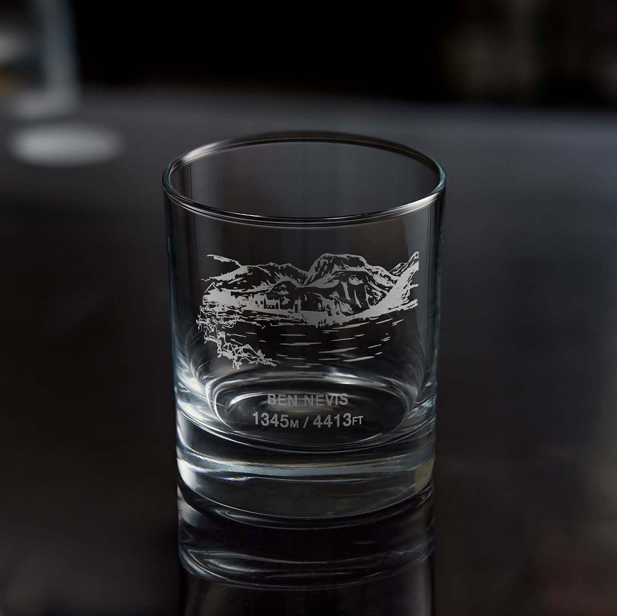 Scottish Munro whisky glass engraved with Ben Nevis and its height in feet and metres