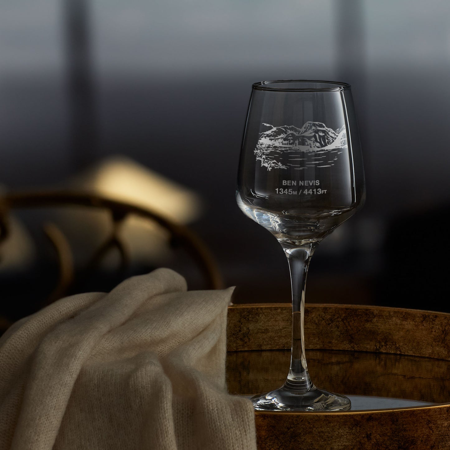 stemmed wine glass engraved with mountain Ben nevis