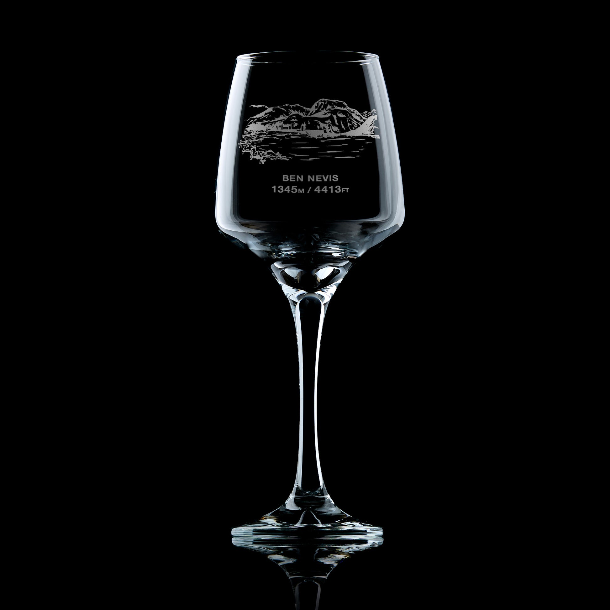 stemmed wine glass engraved with mountain Ben nevis