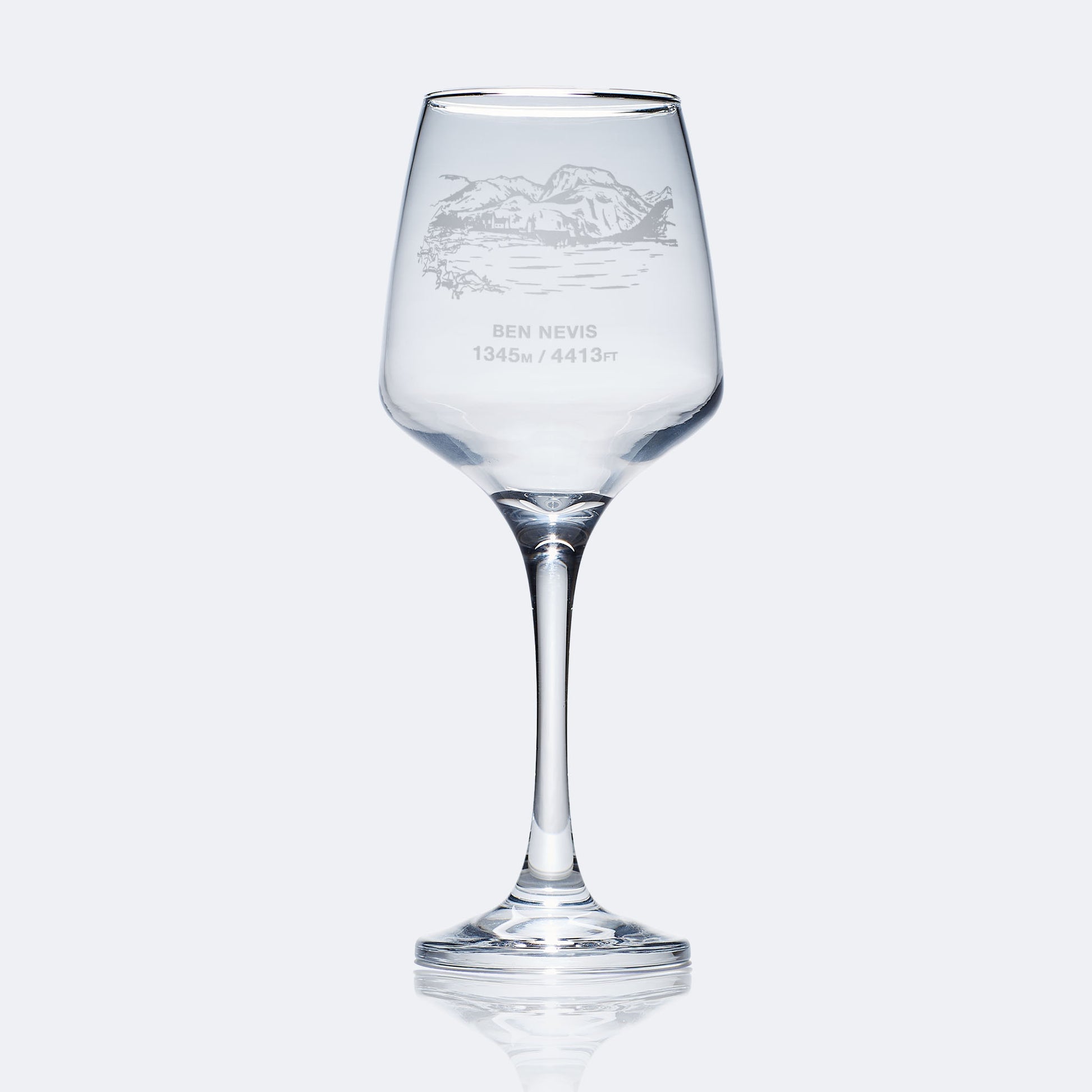 stemmed wine glass engraved with mountain Ben nevis