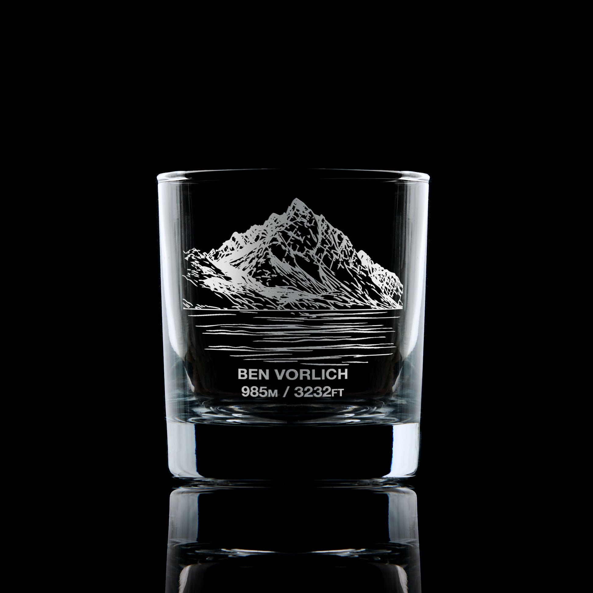 Engraved whisky glass with detailed image of Ben Vorlich (Loch Earn) and summit height in metres and feet