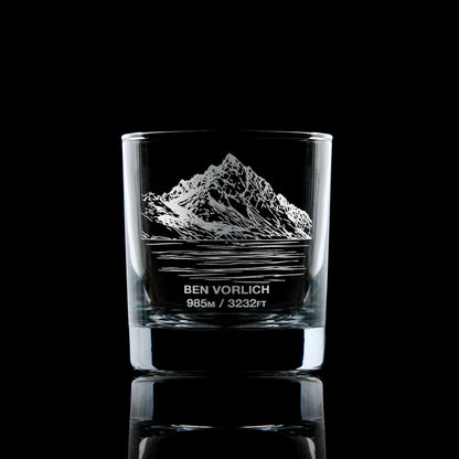 Engraved whisky glass with detailed image of Ben Vorlich (Loch Earn) and summit height in metres and feet